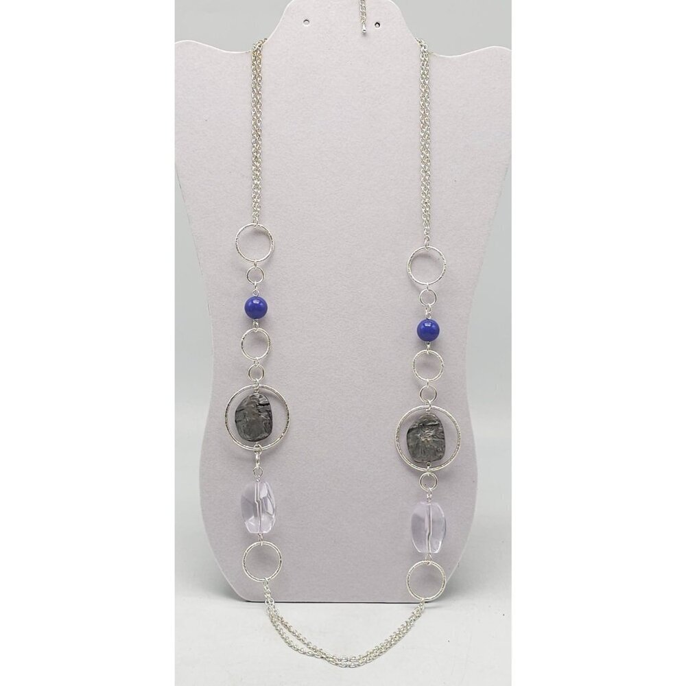 Long Silver Tone Necklace With Blue Beads Faux Gem Accents New York Co.